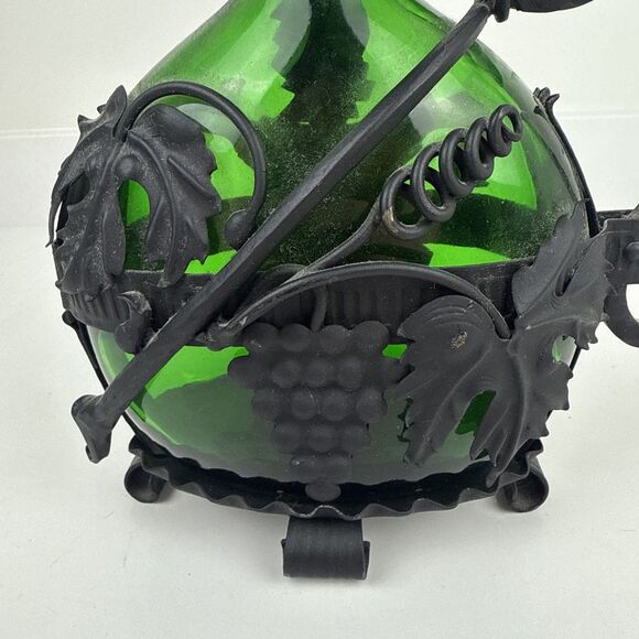 Vintage Metal Encased Wine Bottle w/ Iron Handle Green Glass Ornate With Cork - Picture 10 of 13